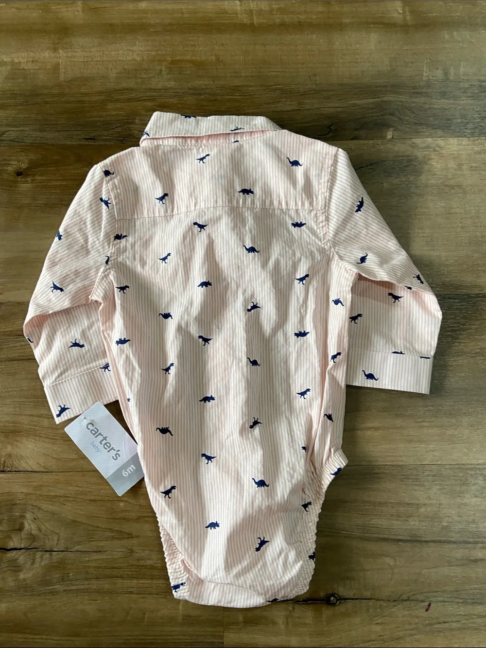 Carter's Pink Striped Button-Front Bodysuit with Navy Dino Motif
